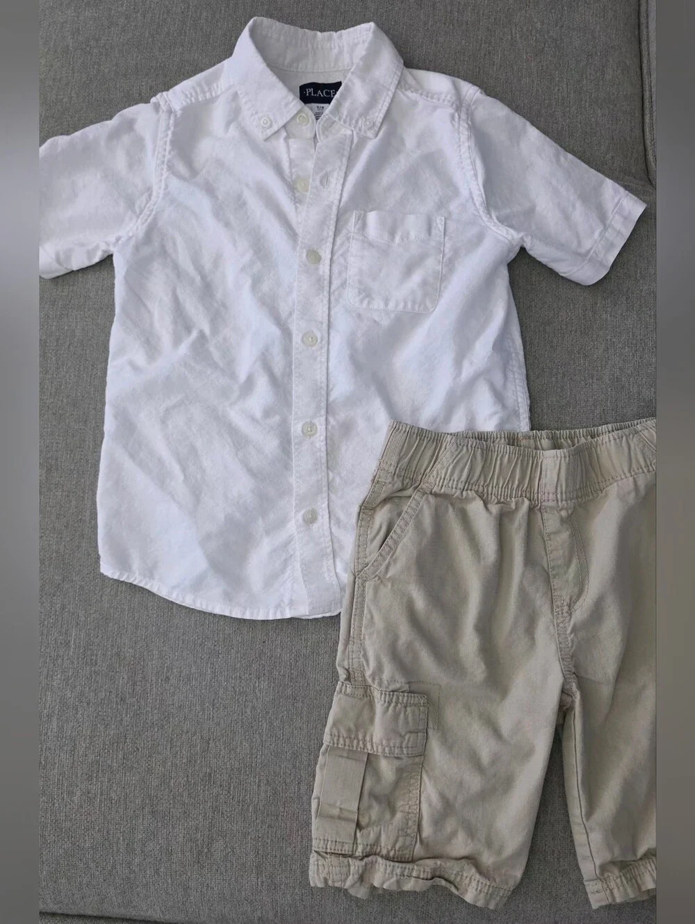 The Children's Place Boys Outfit 7/8 White Button Down Shirt & Khaki Cargo Short
